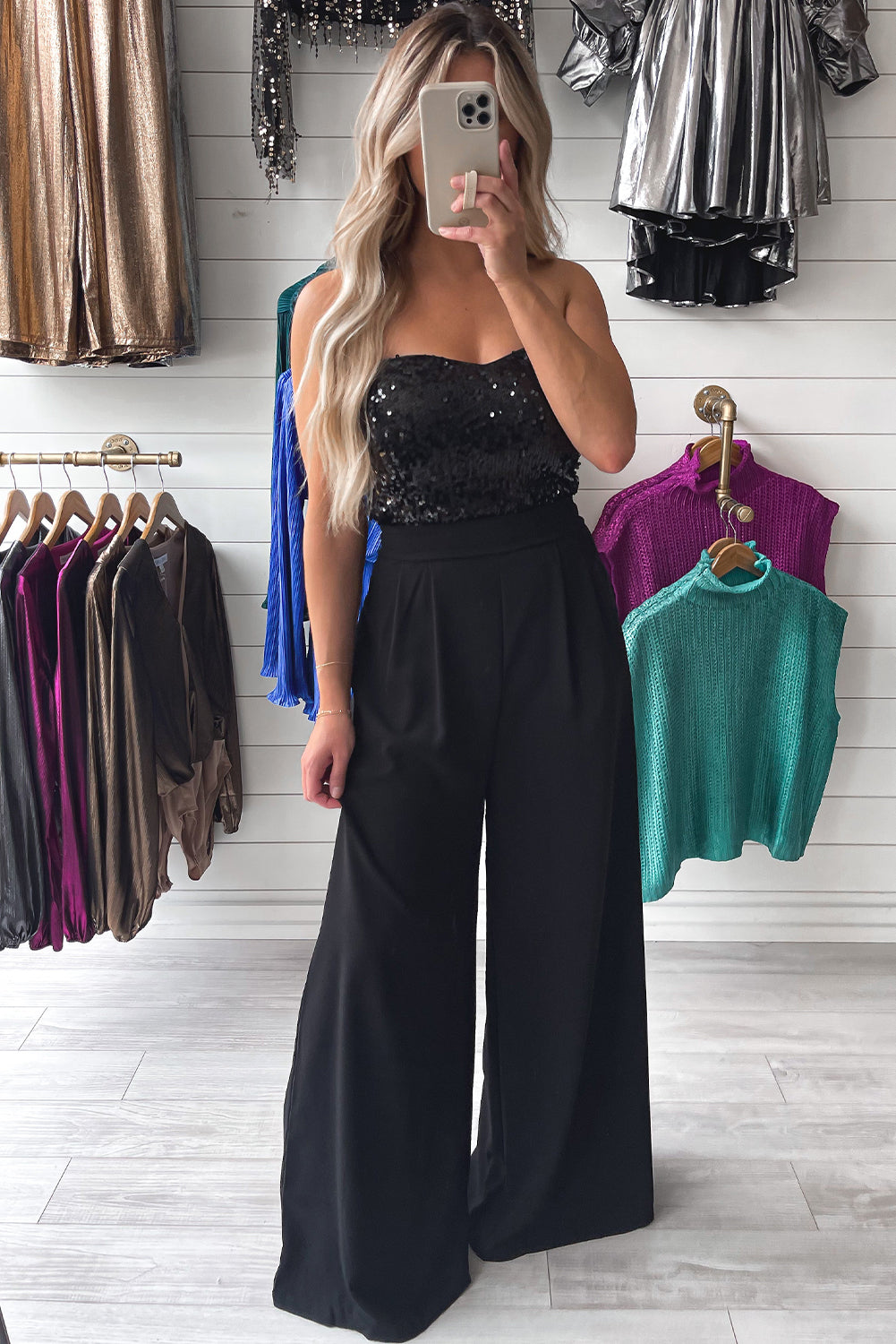 Black Sequin Tube Top Wide Leg Jumpsuit