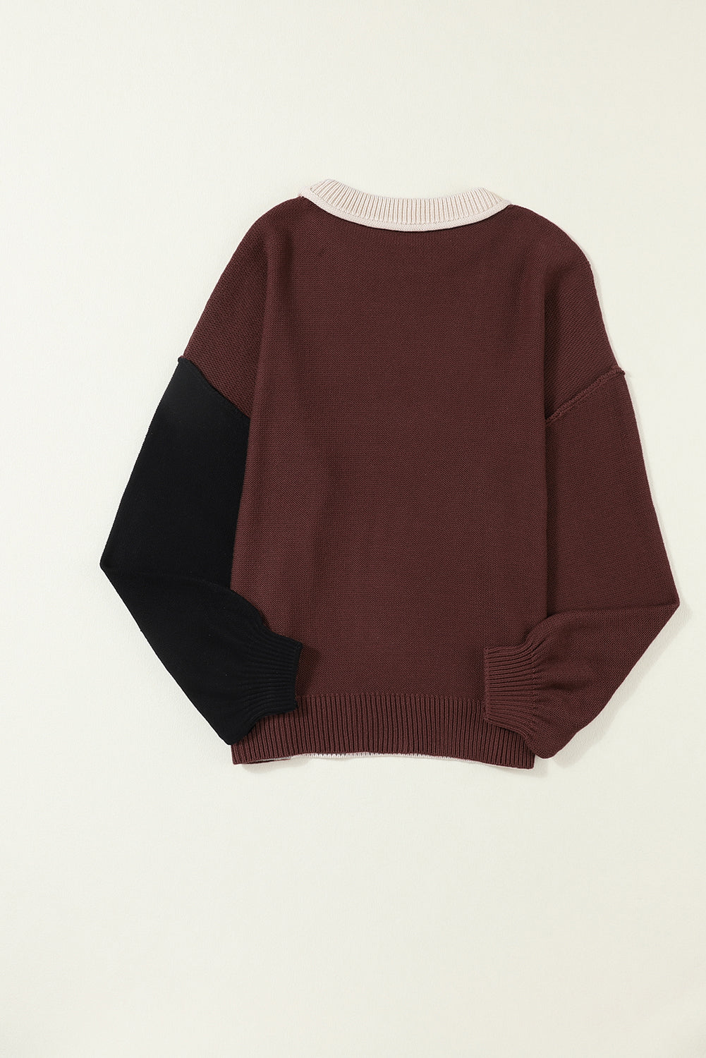 Coffee Colorblock Bishop Sleeve Ribbed Trim Sweater