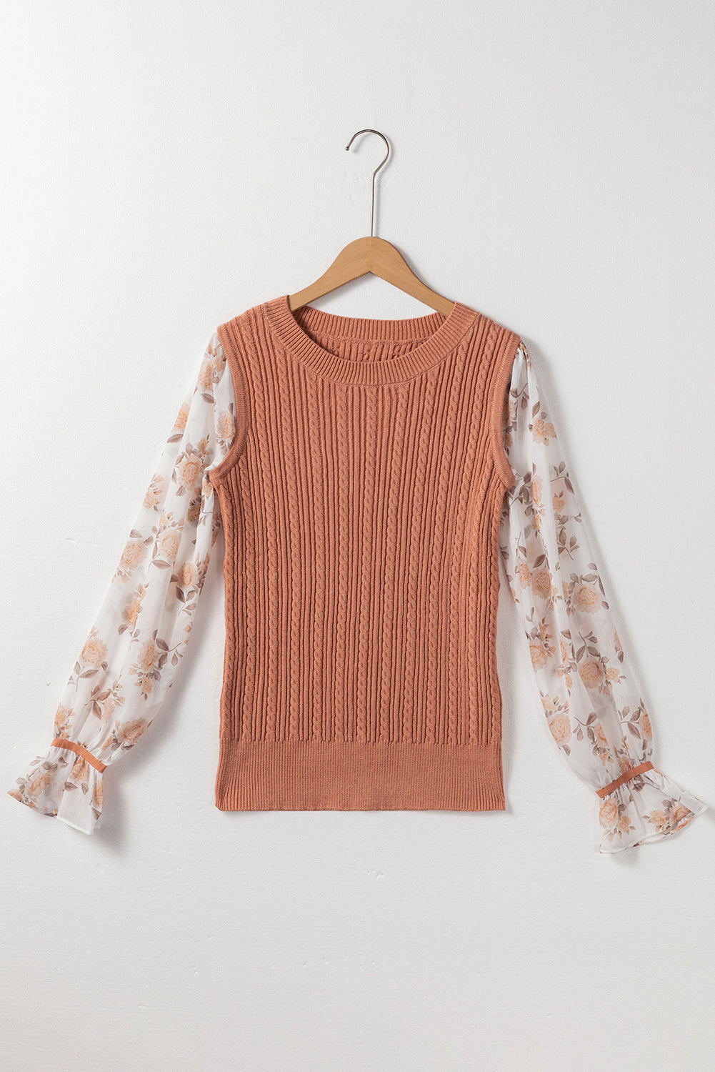 Golden Fleece Floral Patchwork Ruffled Cuff Cable Knit Sweater