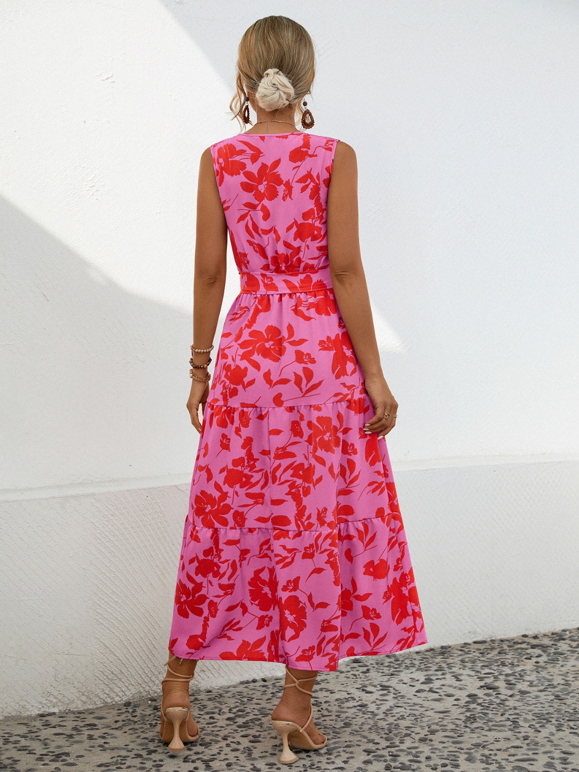 Tied Printed Surplice Tiered Dress