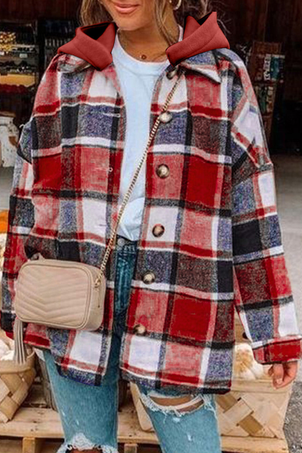 Fiery Red Hooded Plaid Button Front Shacket