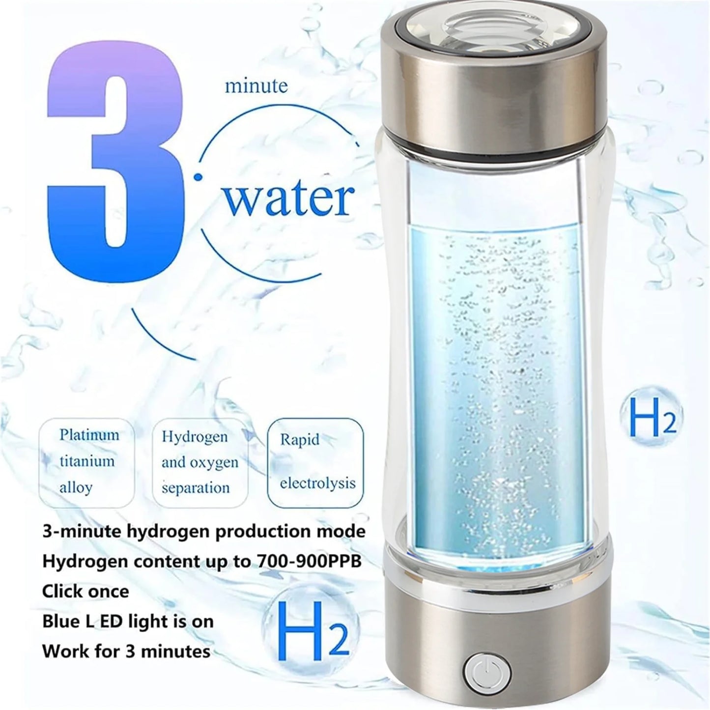 420Ml Portable Hydrogen Water Ionizer Machine,Hydrogen Water Generator, Rechargeable Hydrogen Rich Water Glass Health Cup for Home Travel - Silver