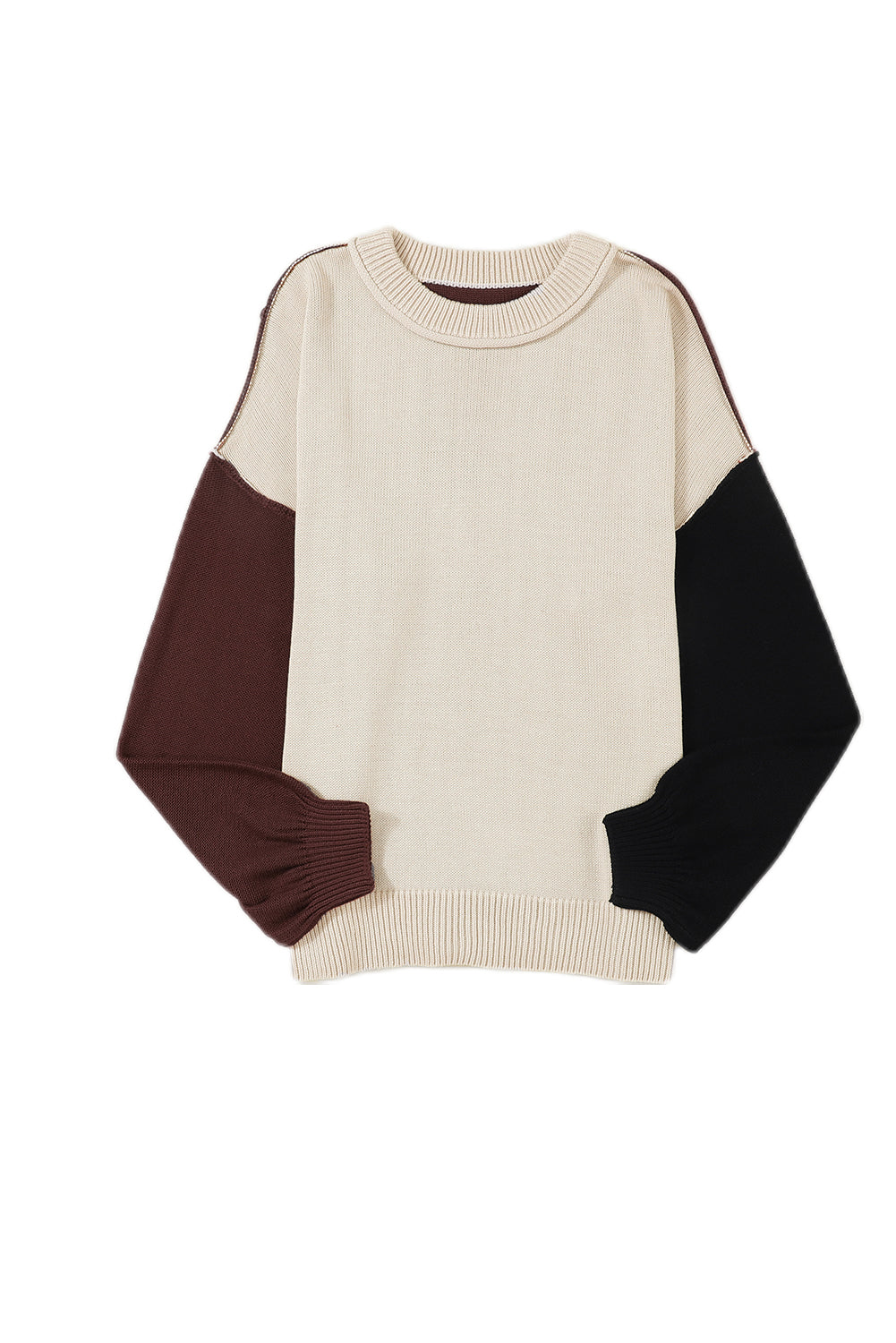 Coffee Colorblock Bishop Sleeve Ribbed Trim Sweater