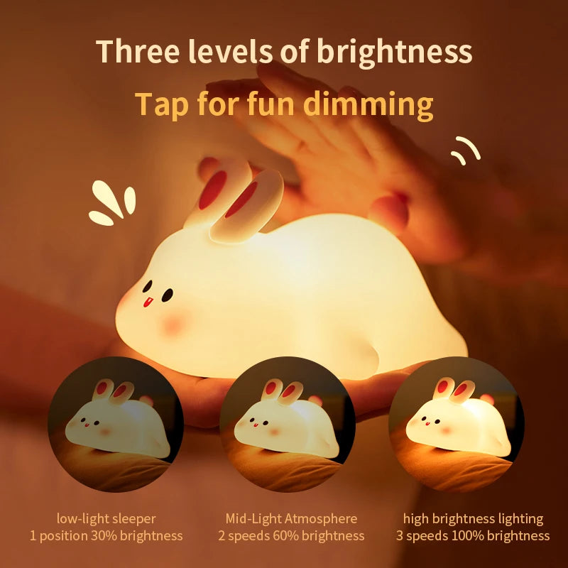 Cute Rabbit Silicone Night Lights Rechargeable Bedside Patting Nightlight Bedroom Atmosphere Lamp for Child Holiday Gift Room