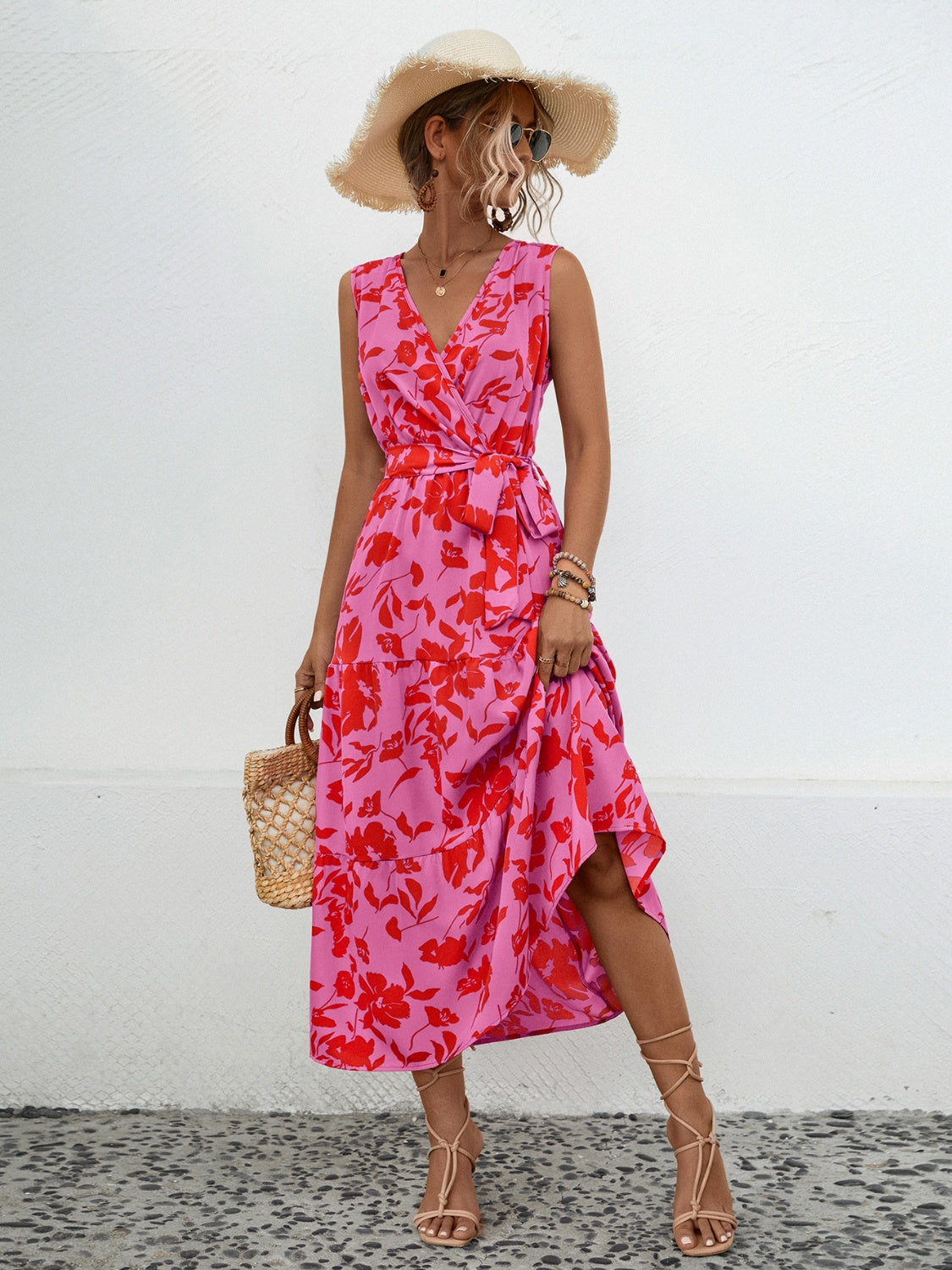 Tied Printed Surplice Tiered Dress