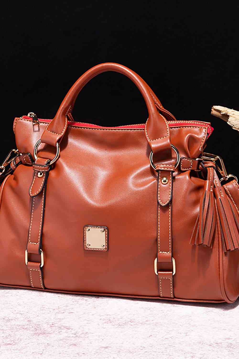 Large Leather Satchel with Tassels