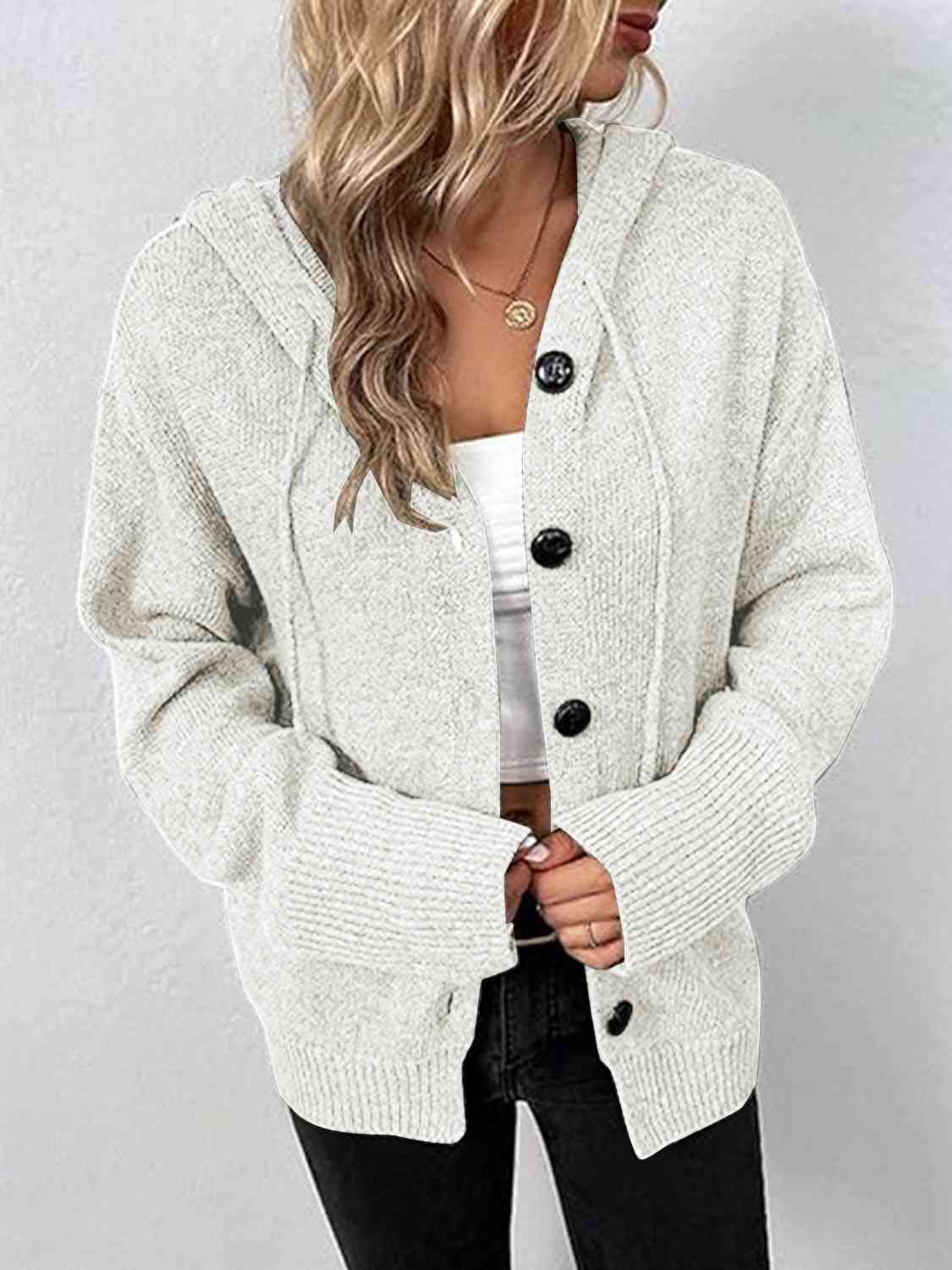 Button Up Drawstring Long Sleeve Hooded Cardigan