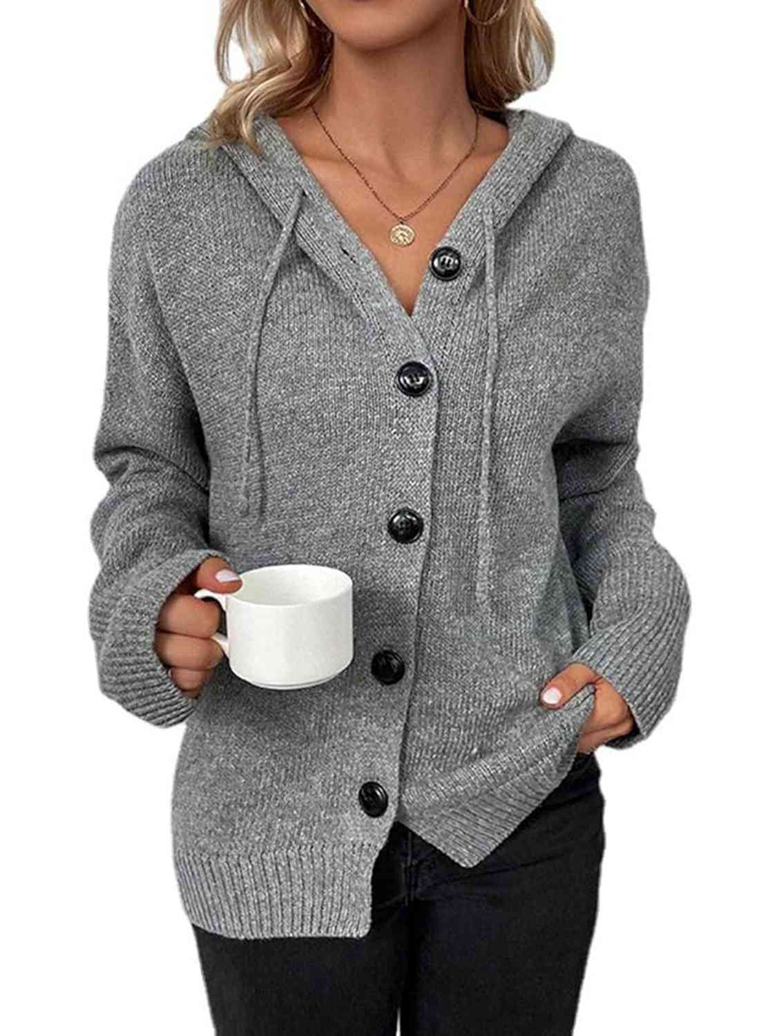 Button Up Drawstring Long Sleeve Hooded Cardigan