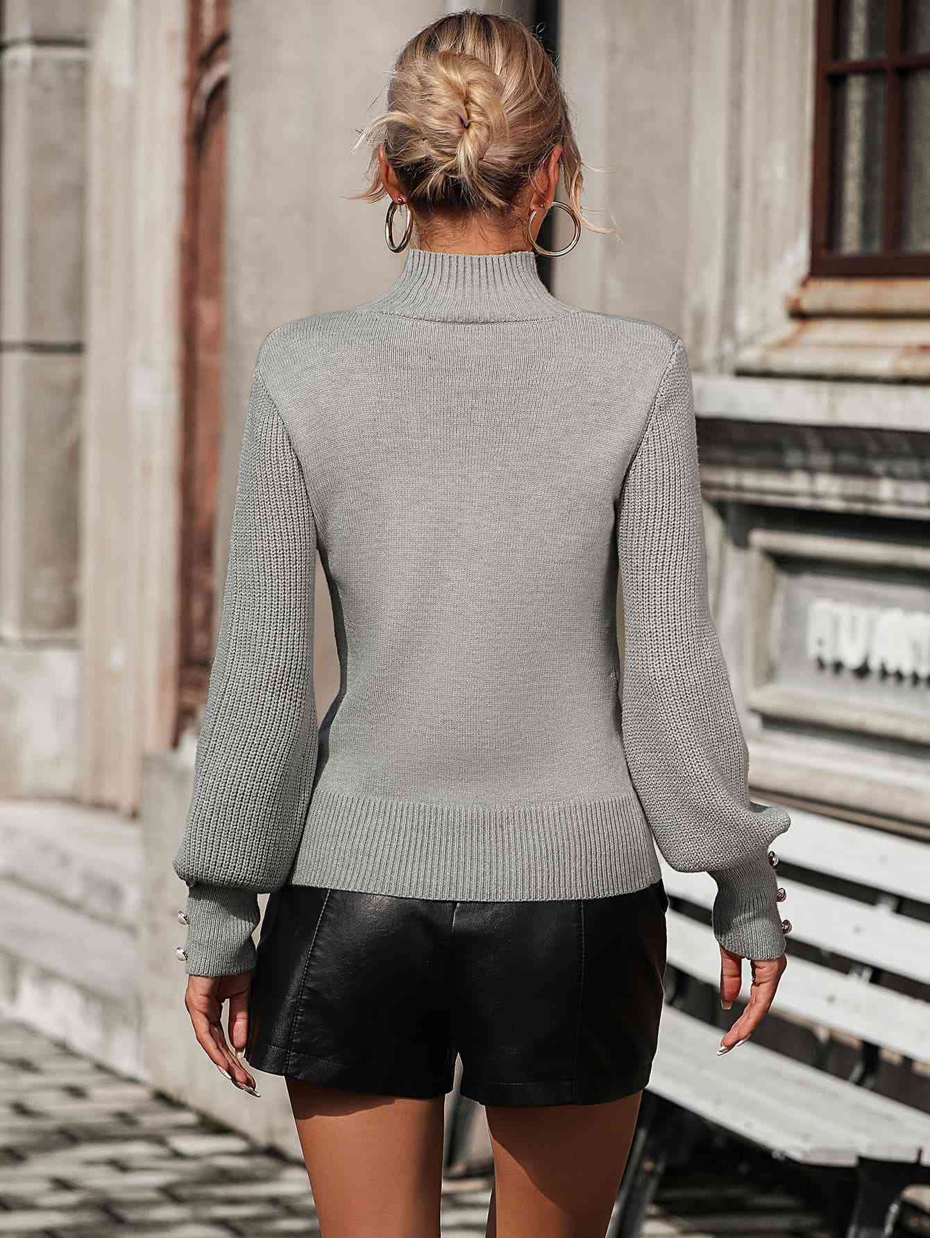 Mock Neck Ribbed Lantern Sleeve Pullover Sweater