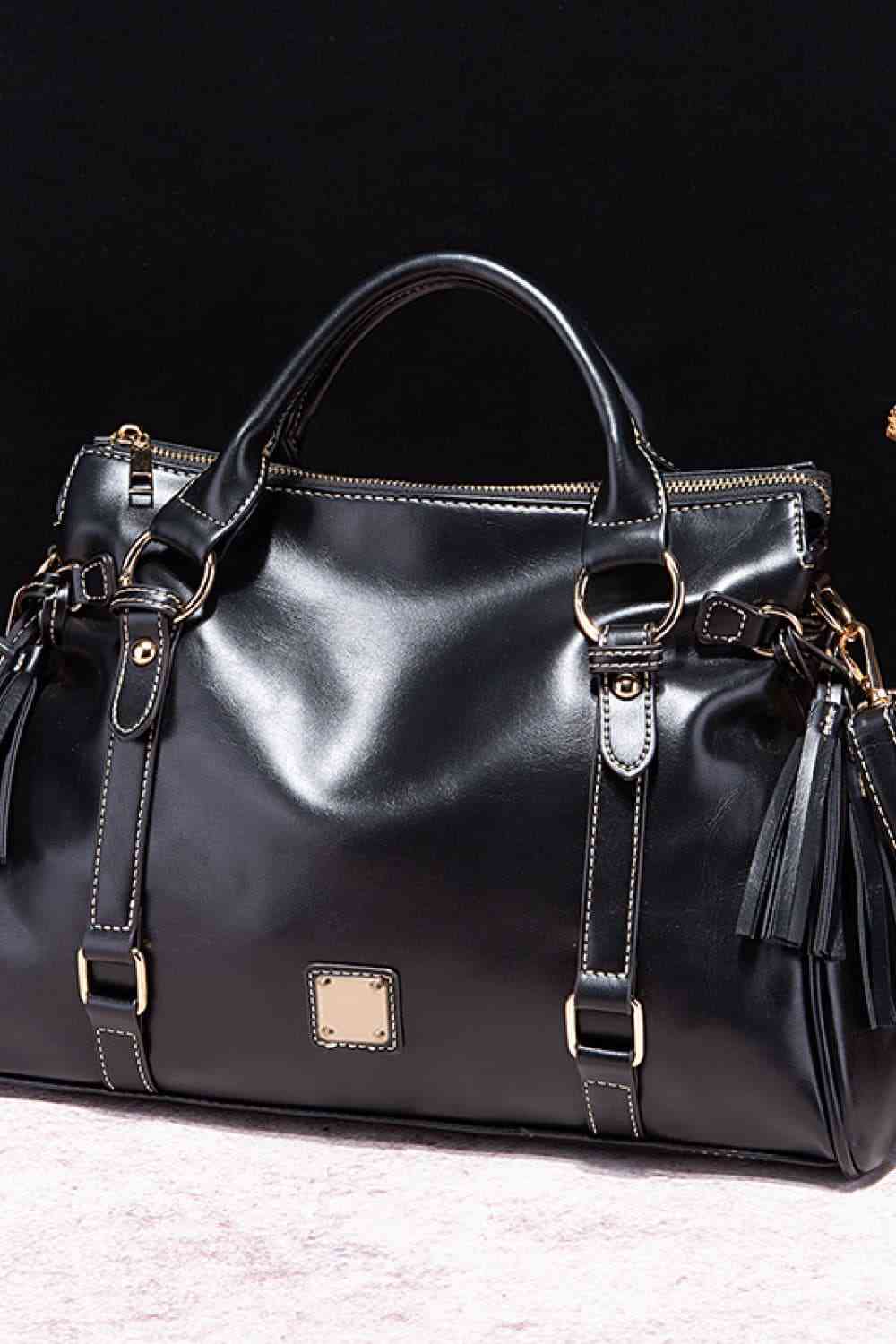 Large Leather Satchel with Tassels