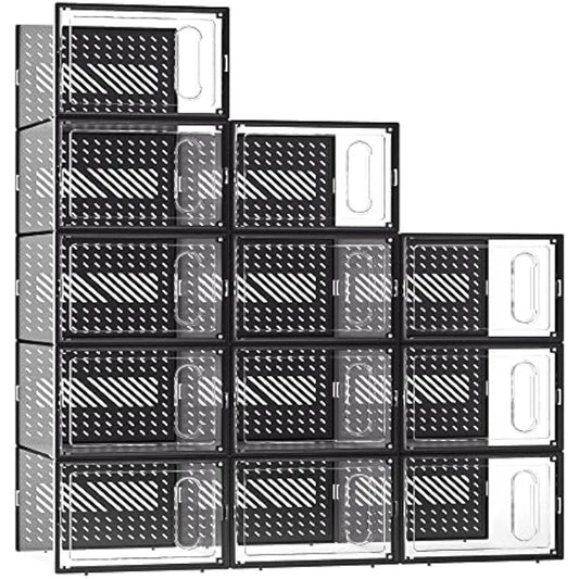 The Ultimate Shoe Storage Solution: Large Shoe Storage Box with Magnetic Door, 12 Pack Clear Plastic Stackable Sneaker Organizer, Connect Left